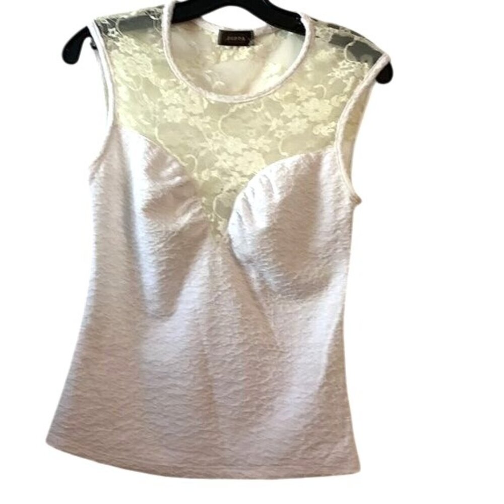 White Lace-Trim Sleeveless Top By Joppa Textured Fabric Size L Made In USA